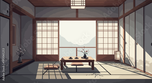 Traditional Japanese interior with tatami mat and paper sliding doors