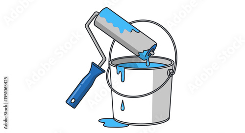 Paint Roller and Bucket with Blue Paint.