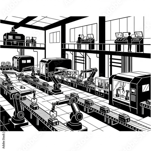Automated Factory Floor with Robotic Arms and Conveyor Belts.