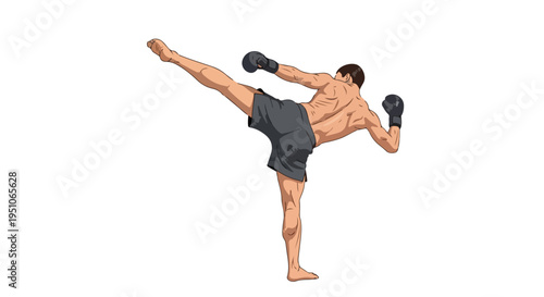 Illustration of a shirtless man in black shorts and boxing gloves kicking with one leg against a white background.