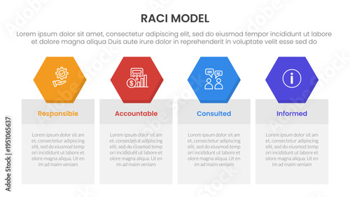 RACI model infographic 4 point stage template with table box with hexagonal header badge for slide presentation