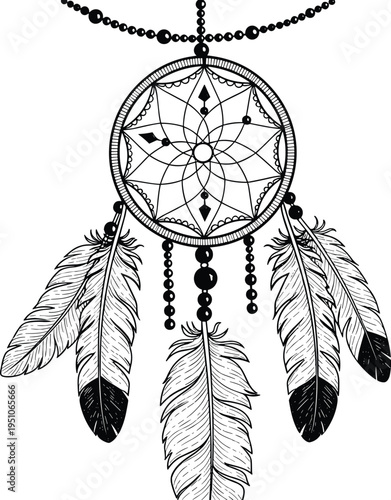 Boho dreamcatcher with feathers and beads, tribal spiritual ornament design, hand drawn dream catcher vector illustration isolated background