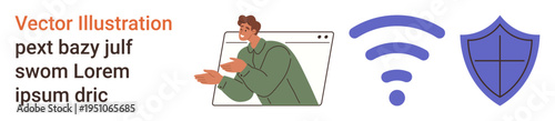 Cybersecurity, privacy protection, personal data, online security, wireless communication, secure internet. Person emerging from browser window, wireless symbol shield. Cybersecurity and privacy