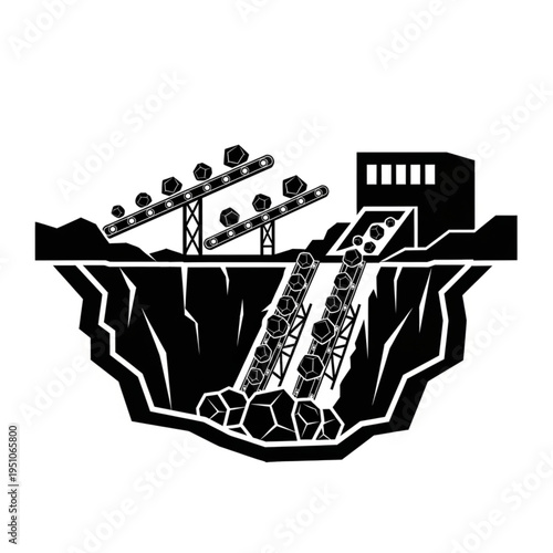 Black and White Illustration of a Quarry with Conveyor Belts.