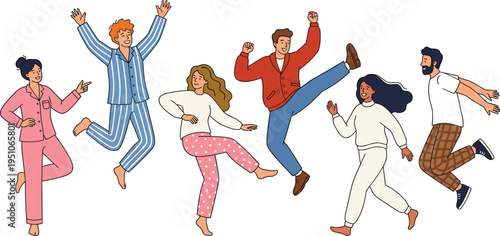 Happy people jumping in pajamas, cozy sleepwear friends dancing together, casual home lifestyle illustration, joyful morning routine cartoon characters