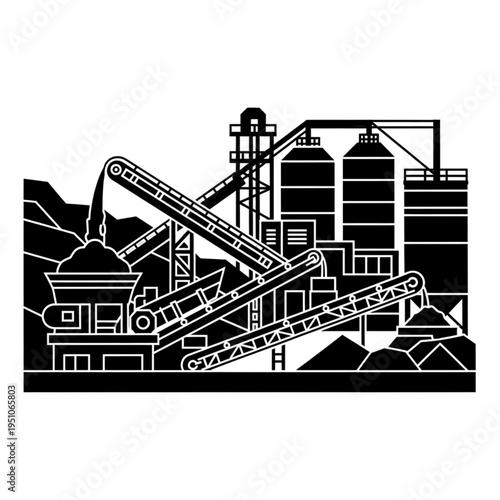 Black and White Illustration of a Quarry and Processing Plant.