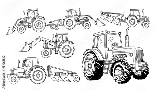 Vintage farm tractor doodle sketch agriculture machine vector