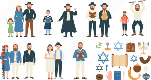 Jewish people characters and religious symbols collection, traditional clothing, Torah, menorah, Star of David cultural flat vector illustration set