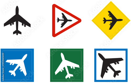 Airplane symbols vector set, aviation safety signs collection, airport directions icon pack, flight transportation graphic symbols.eps