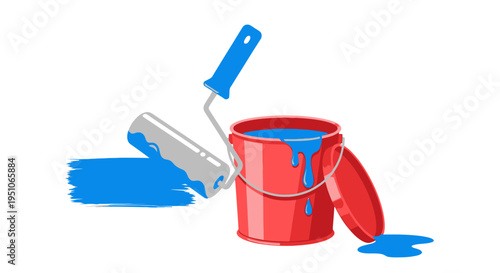 Red bucket with blue paint roller.
