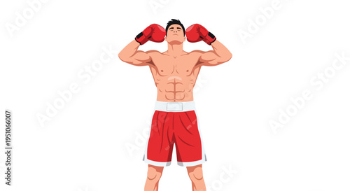 Illustration of a muscular man wearing red boxing gloves and shorts standing in a defensive stance against a white background.
