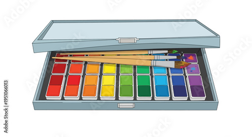 Watercolor Paints and Brushes in Box.