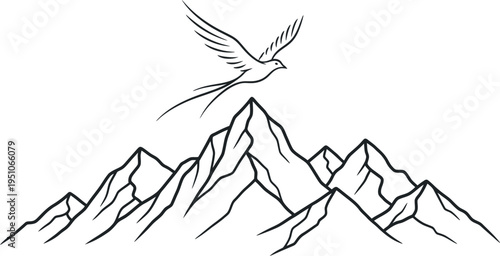 Simple yet powerful black line art illustration featuring a majestic bird with an elegant long tail soaring above a jagged mountain range, symbolizing aspiration and freedom.