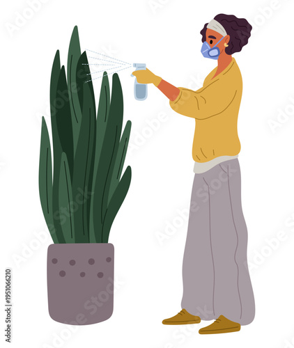 Young woman sprays houseplants to protect them from harmful insects and bacteria. Insecticide sprayer. Girl caring of plant in flowerpot. Pesticide sprinkling at foliage. Vector concept