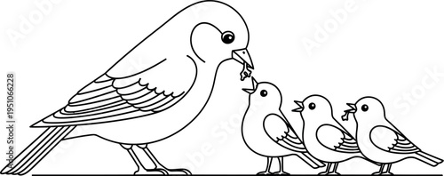 This charming line art illustration depicts a nurturing parent bird carefully feeding tiny worms to its three hungry baby birds waiting patiently in a row for their nutritious meal.