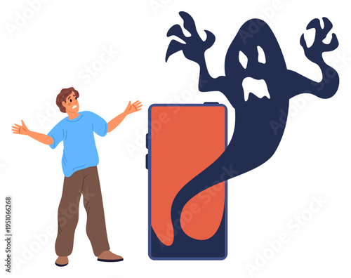 Young man with frightened expression on his face looks at monster on phone. Spooky boogeyman shadow. Scared smartphone user. Afraid of ghost shade from cellphone screen. Vector concept