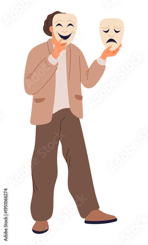 Young man with cheerful and sad masks. Split personality. Mood swings. Emotion expression. Theatrical comedy and tragedy faces. Male insincerity. Facial disguise. Vector hypocrisy concept