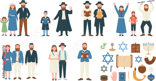 jewish people characters and religious symbols set, traditional family figures with torah menorah star david flat illustration
