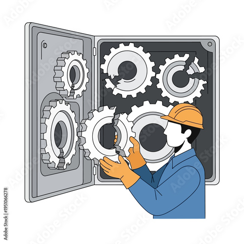 Mechanic installing broken gears in electrical panel, industrial maintenance concept