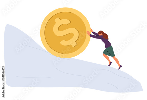 Young girl rolling large gold coin uphill. Difficulties of earning money for women. Overcome challenge. Career gender unfair. Business discrimination. Striving for success. Vector concept