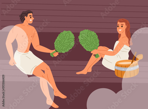 Young man and woman are relaxing in sauna or bathhouse using birch branches and steam. People sitting on bench. Hygiene and beauty. Spa procedure. Relaxation and wellness. Vector concept