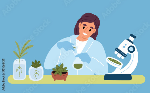 Young female scientist studies plant structure. Genetic engineering and biochemistry. Biologist conducting experiments in laboratory. Lab microscope. Botanical research. Vector concept
