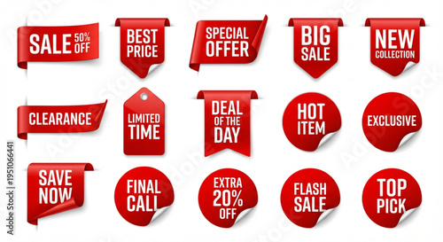 Collection of red sale tags and banners with various promotional offers and special deals