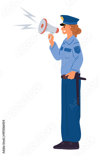 Young female police officer with megaphone in hand makes important announcement. Public speaker. Sheriff announce. Woman with loudspeaker. Policeman message. Patrol info. Vector concept