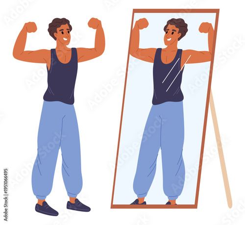 Young athletic man shows off his muscles in reflection of large mirror. Muscular body. Sportsman posing or looking at appearance. Happy bodybuilder. Fitness motivation. Vector concept