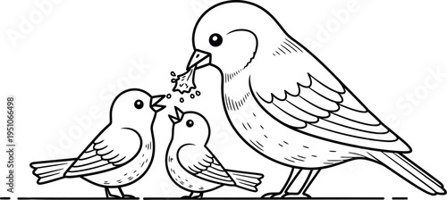 An adorable mother bird lovingly feeds her hungry baby chicks, symbolizing nurturing, care, and family bonds in a simple, heartwarming, black and white cartoon illustration style.