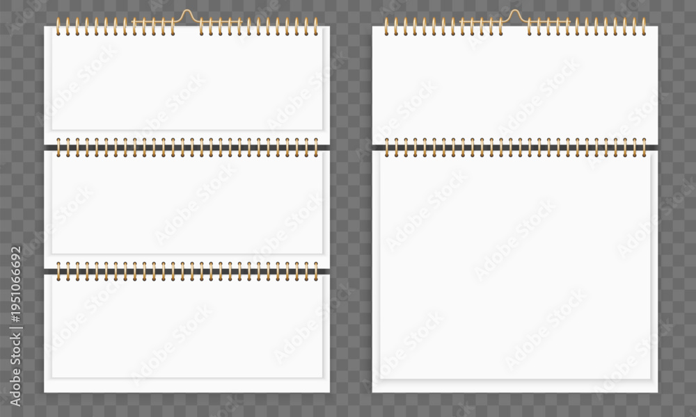 Obraz premium Realistic template for tear off or flip calendar on transparent background. Organizer sheets. Notepaper with ring binder. Pinned notepad at wall. Vector office stationeries isolated set