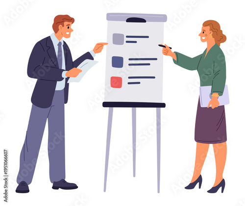 Two businesspeople. Man and woman checking list of tasks to be completed. Business people standing at whiteboard. Project discussion. Goals deadline. Effective works. Vector concept