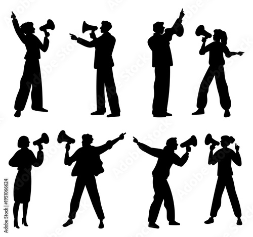Silhouettes of men and women with megaphones arguing with each other. Furious quarrel. Angry people with loudspeakers. Misunderstanding and divorce. Shouting blames. Vector couples set