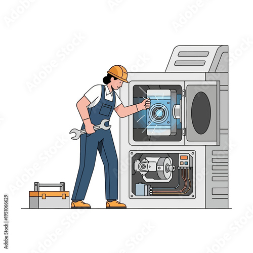 Mechanic repairing industrial machine with wrench and toolbox, illustration