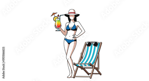 Vector illustration of woman in bikini with cocktail and beach chair