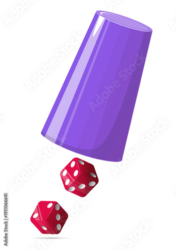 Red dice fall out of plastic cup. Game of chance with craps. Fortune risk. Betting win. Random dots number. Wager shot. Gamble challenge. Playing with glass. Vector concept of gambling