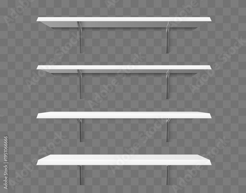 Realistic white metal display shelf in different positions on transparent background. Home or office furniture. Square shelving front view. Exhibition stand. Vector isolated objects