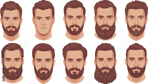 men beard styles collection vector illustration, male face hairstyle set, modern barber fashion portraits, trendy beard grooming character design