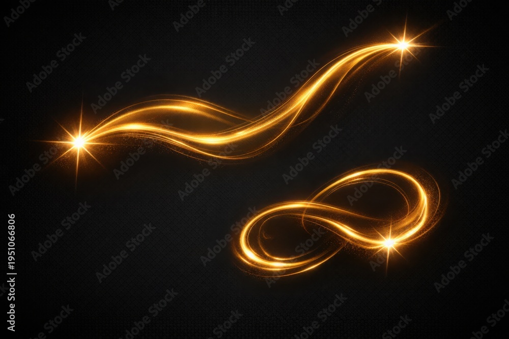 Fototapeta premium Golden light trails with sparkling stars creating dynamic abstract wavy and infinity loop shapes on a dark background, ideal for futuristic designs and energy concepts.