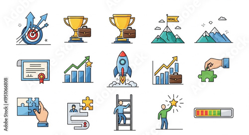 Collection of business and success related icons and illustrations.