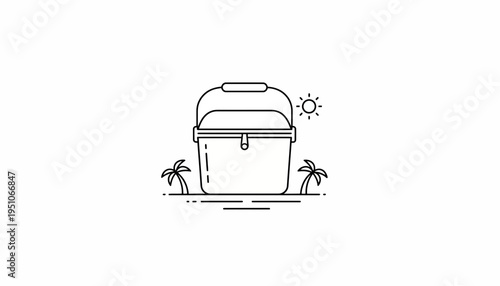 Cooler Bag Icon on Beach with Palm Trees and Sun, Summer Vacation Travel Concept
