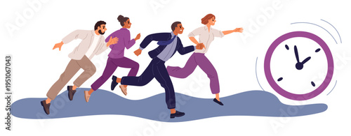 Men and women chase after clock. Time management. Missed deadlines. Businessmen running for timepiece. Watch dial. Business colleagues rival run. Hurrying employees. Vector concept