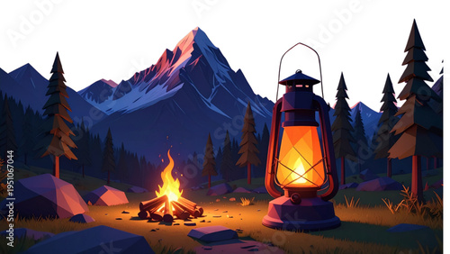 Geometric Stylized Camping Lantern in Low Poly Art Style Orange and Blue Portable Lamp for Outdoor Adventure Hiking and Emergency Lighting Equipment