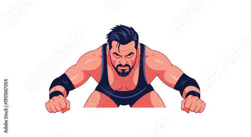 Illustration of a muscular man in a wrestling singlet with elbow pads, leaning forward aggressively on a solid white background.