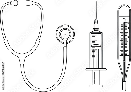 Minimalist black and white line art depicting essential medical instruments for diagnosis and treatment procedures