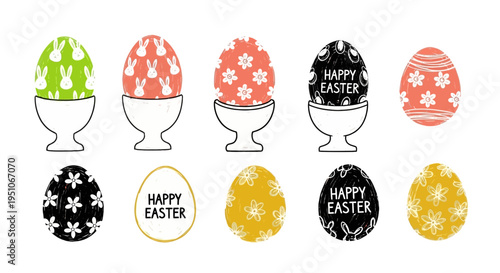 Easter egg set with cup holders and floral patterns in black gold and coral colors symbolizing spring holiday greeting card design