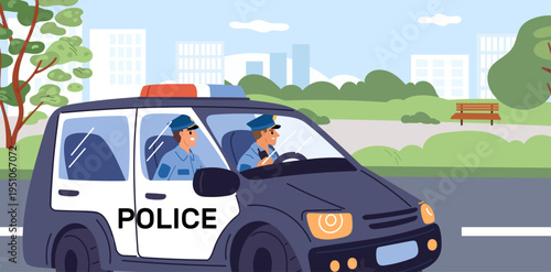 Male police officers patrol streets of city in car. Policemen in automobile control traffic rules. Driveway safety. Urban highway security. Authority and enforcement. Vector concept