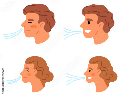 Men and women breathe air by inhaling through nose and exhaling through mouth. Blowing oxygen stream. Meditation exercise practice. Deep inhalation. Vector concept of proper breathing