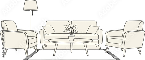 Minimalist line art illustration depicting a modern living room interior with comfortable furniture, including a sofa, armchairs, and a stylish coffee table.
