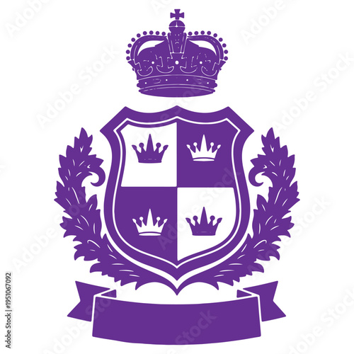 Elegant heraldic crest with a royal crown and shield adorned with four smaller crowns framed by laurel leaves and a decorative banner for a prestigious emblem or symbol